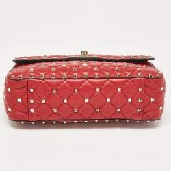 Pre Owned Valentino Red Leather Medium Rockstud Spike Top Handle Bag