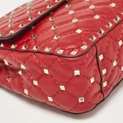 Pre Owned Valentino Red Leather Medium Rockstud Spike Top Handle Bag