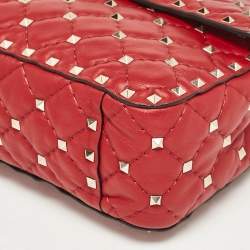 Pre Owned Valentino Red Leather Medium Rockstud Spike Top Handle Bag