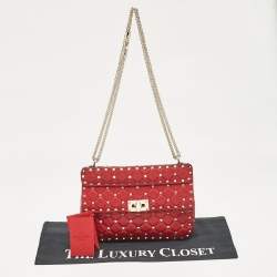 Pre Owned Valentino Red Leather Medium Rockstud Spike Top Handle Bag