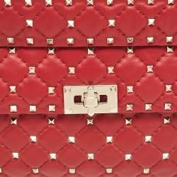 Pre Owned Valentino Red Leather Medium Rockstud Spike Top Handle Bag