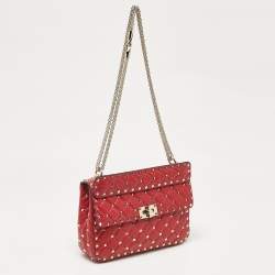 Pre Owned Valentino Red Leather Medium Rockstud Spike Top Handle Bag