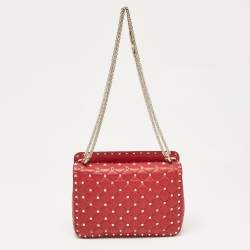 Pre Owned Valentino Red Leather Medium Rockstud Spike Top Handle Bag