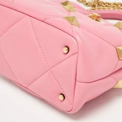 Pre Owned Valentino Pink Quilted Leather Small Roman Stud Top Handle Bag