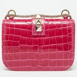 Valentino Pink Crocodile Small Glam Lock Shoulder Bag