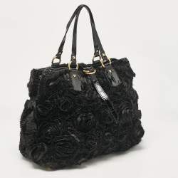 Pre Owned Valentino Black Patent Leather and Satin Rose Applique Tote