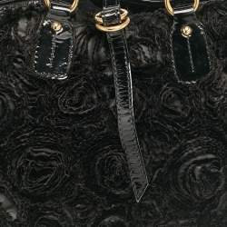 Pre Owned Valentino Black Patent Leather and Satin Rose Applique Tote