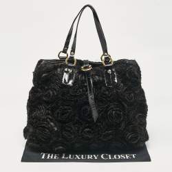 Pre Owned Valentino Black Patent Leather and Satin Rose Applique Tote