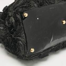Pre Owned Valentino Black Patent Leather and Satin Rose Applique Tote