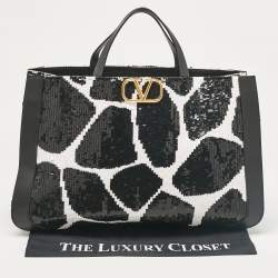Pre Owned Valentino Black/White Printed Sequins and Leather VLogo Tote