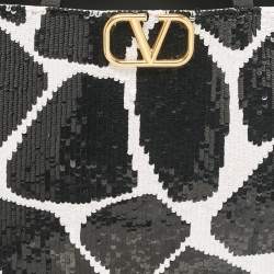 Pre Owned Valentino Black/White Printed Sequins and Leather VLogo Tote