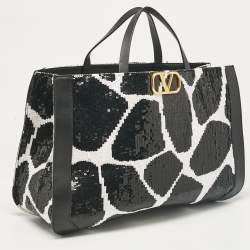 Pre Owned Valentino Black/White Printed Sequins and Leather VLogo Tote