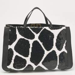 Pre Owned Valentino Black/White Printed Sequins and Leather VLogo Tote