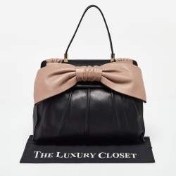 مملوكة مسبقًا Valentino Black/Taupe Leather Aphrodite Bow Top Handle Bag