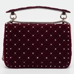Pre Owned Valentino Burgundy Velvet Medium Rockstud Spike Top Handle Bag