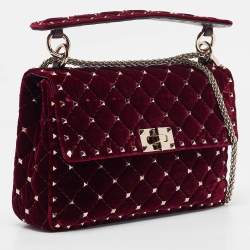 Pre Owned Valentino Burgundy Velvet Medium Rockstud Spike Top Handle Bag