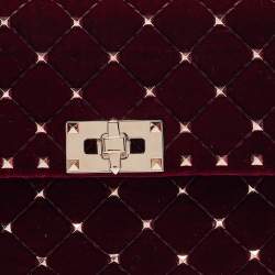 Pre Owned Valentino Burgundy Velvet Medium Rockstud Spike Top Handle Bag