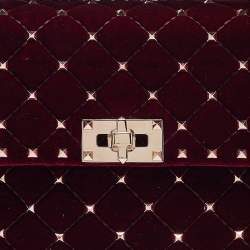 Pre Owned Valentino Burgundy Velvet Medium Rockstud Spike Top Handle Bag