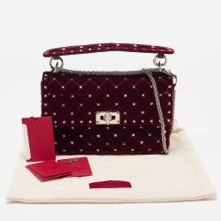 Pre Owned Valentino Burgundy Velvet Medium Rockstud Spike Top Handle Bag