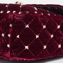 Pre Owned Valentino Burgundy Velvet Medium Rockstud Spike Top Handle Bag