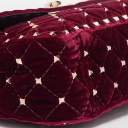 Pre Owned Valentino Burgundy Velvet Medium Rockstud Spike Top Handle Bag