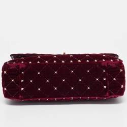 Pre Owned Valentino Burgundy Velvet Medium Rockstud Spike Top Handle Bag