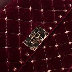 Pre Owned Valentino Burgundy Velvet Medium Rockstud Spike Top Handle Bag