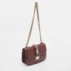 Pre Owned Valentino Burgundy Leather Small Rockstud Glam Lock Flap Bag