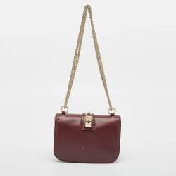 Pre Owned Valentino Burgundy Leather Small Rockstud Glam Lock Flap Bag
