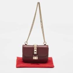Pre Owned Valentino Burgundy Leather Small Rockstud Glam Lock Flap Bag