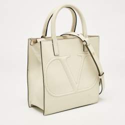 Pre Owned Valentino Off White Leather Small VLogo Walk Tote