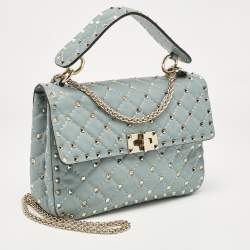 مملوكة مسبقًا Valentino Light Blue Leather Medium Rockstud Spike Top Handle Bag