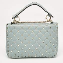 مملوكة مسبقًا Valentino Light Blue Leather Medium Rockstud Spike Top Handle Bag