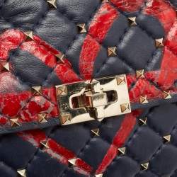 Valentino Blue/Red Quilted Leather Medium Rockstud Spike Heart Top Handle Bag