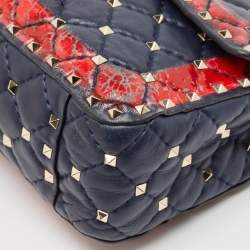 Valentino Blue/Red Quilted Leather Medium Rockstud Spike Heart Top Handle Bag