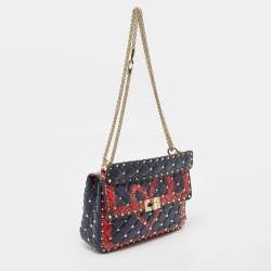 Valentino Blue/Red Quilted Leather Medium Rockstud Spike Heart Top Handle Bag
