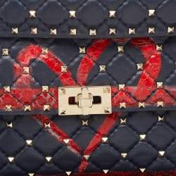 Valentino Blue/Red Quilted Leather Medium Rockstud Spike Heart Top Handle Bag