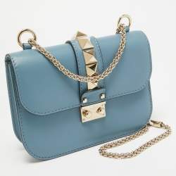 Valentino Blue Leather Small Rockstud Glam Lock Flap Bag