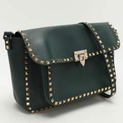 Valentino Green Leather Rockstud Flap Shoulder Bag