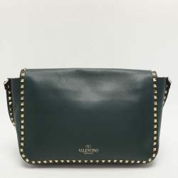 Valentino Green Leather Rockstud Flap Shoulder Bag