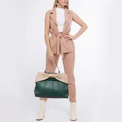 Pre Owned Valentino Green/Beige Leather Aphrodite Bow Top Handle Bag