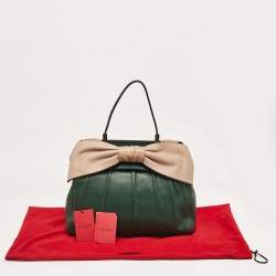 Pre Owned Valentino Green/Beige Leather Aphrodite Bow Top Handle Bag