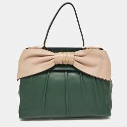 Pre Owned Valentino Green/Beige Leather Aphrodite Bow Top Handle Bag