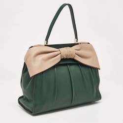 Pre Owned Valentino Green/Beige Leather Aphrodite Bow Top Handle Bag