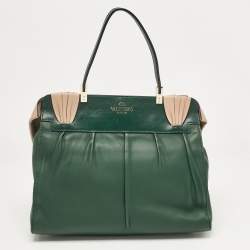 Pre Owned Valentino Green/Beige Leather Aphrodite Bow Top Handle Bag