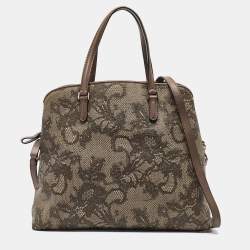 Valentino Beige Lace Print Leather Zip Satchel