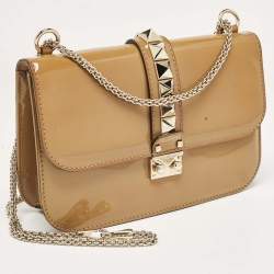 Pre Owned Valentino Beige Patent Leather Medium Rockstud Glam Lock Shoulder Bag