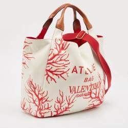 Valentino White/Red Printed Canvas Large Atelier Tote