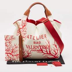 Valentino White/Red Printed Canvas Large Atelier Tote