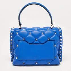Pre Owned Valentino Blue Quilted Leather Medium Candystud Top Handle Bag